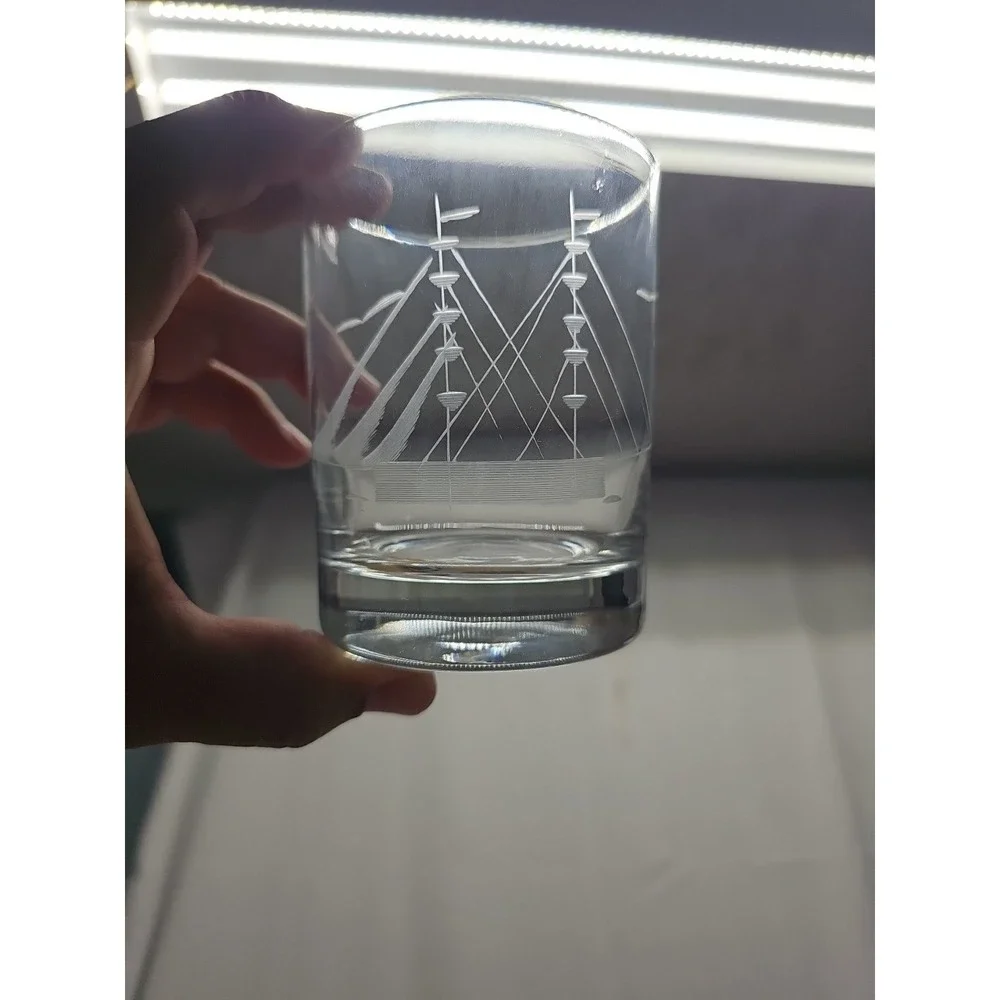 Javit Etched Crystal Clipper Ship Double Old Fashion‎ Set Sail With Set Of 4